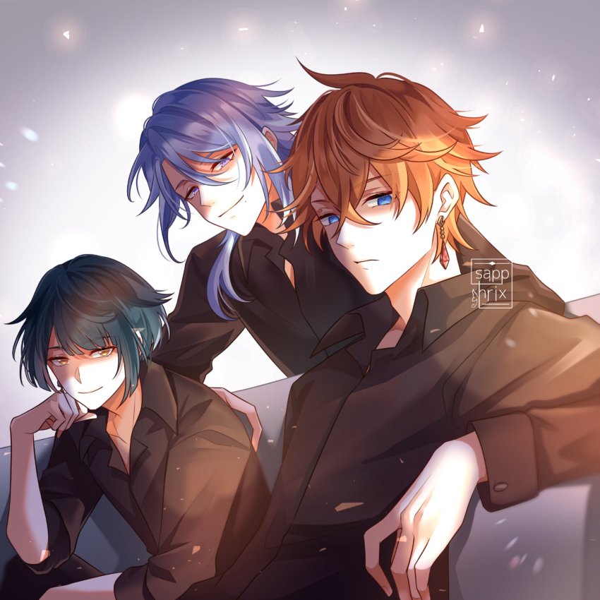 3boys, ahoge, alternate_costume, antenna_hair, artist_logo, asymmetrical_bangs, asymmetrical_hair, black_pants