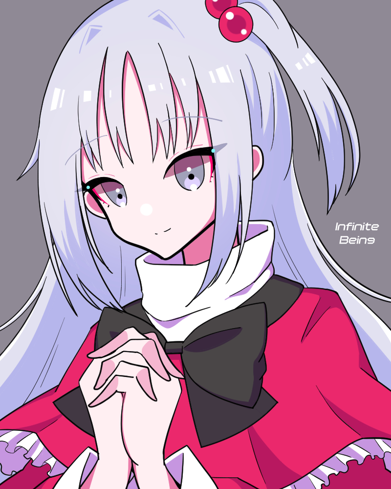 1girl, black_bow, black_bowtie, bow, bowtie, capelet, closed_mouth, dress