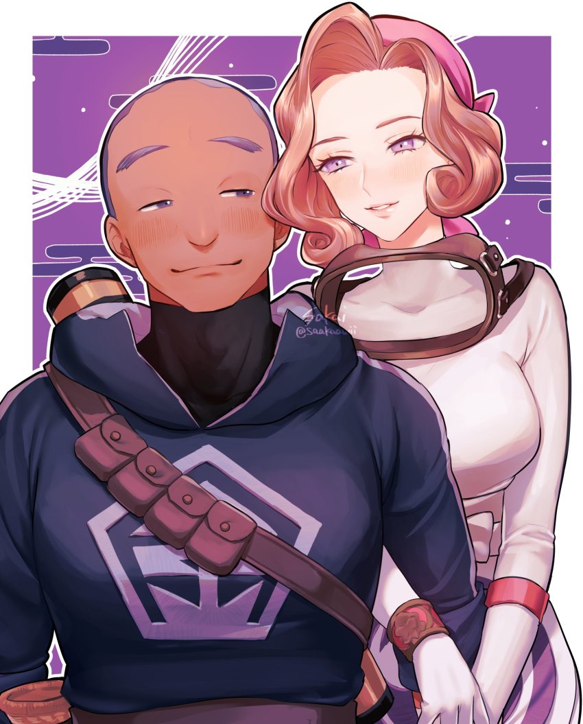 1boy, 1girl, artist_name, bag, bandana, black_shirt, blush, border