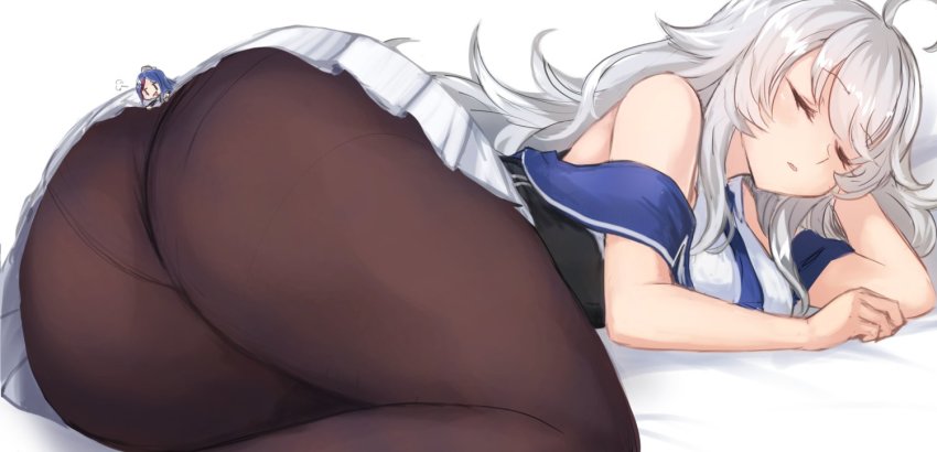 2girls, ahoge, ass, bare_shoulders, black_legwear, blue_necktie, closed_eyes, cowboy_shot, kantai_collection, long_hair, lying, mini_person, minigirl, multiple_girls, necktie, off_shoulder, on_side, panties, pantyhose, parted_lips, pleated_skirt, shirt, silver_hair, skirt, skirt_tug, sleeping, sleeveless, sleeveless_shirt, south_dakota_(kancolle), swept_bangs, underwear, utopia_(utopiavl), washington_(kancolle), white_background, white_shirt, white_skirt