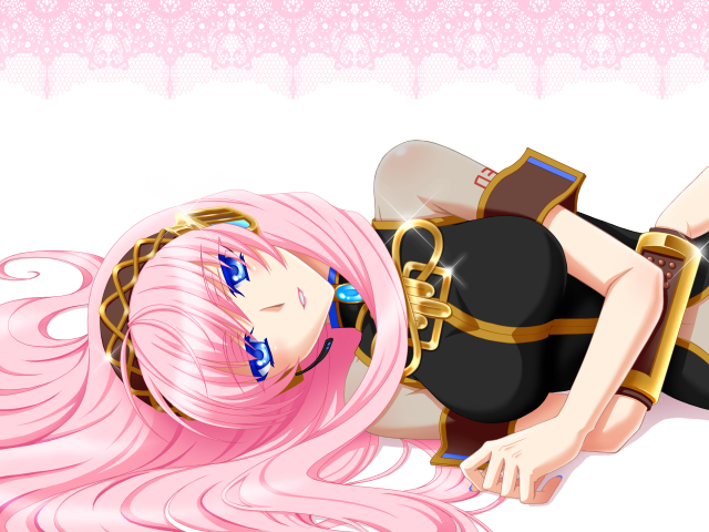 bad_id, bad_pixiv_id, blue_eyes, breasts, large_breasts, long_hair, lying, megurine_luka, nail_polish, pink_hair, shinozaki_kyouko, solo, vocaloid