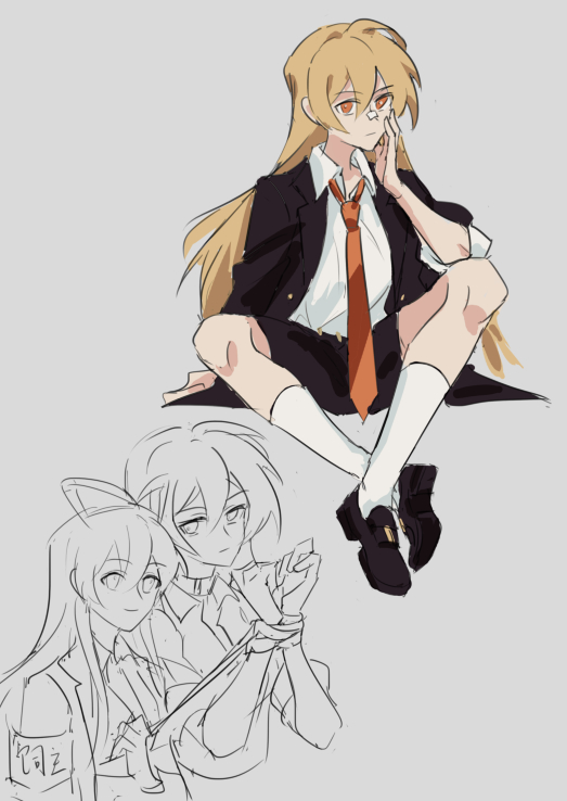 2girls, alternate_costume, annoyed, arong, bandages, bandaid, bandaid_on_face, bandaid_on_nose