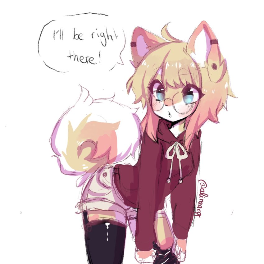 1girl, anakoluth, animal_ears, black_thighhighs, blonde_hair, blue_eyes, dog_ears, dog_girl, dog_tail, furry, furry_female, glasses, highres, hood, hoodie, long_sleeves, looking_at_viewer, original, red_hoodie, round_eyewear, short_hair, short_shorts, shorts, sketch, solo, tail, thighhighs, white_shorts