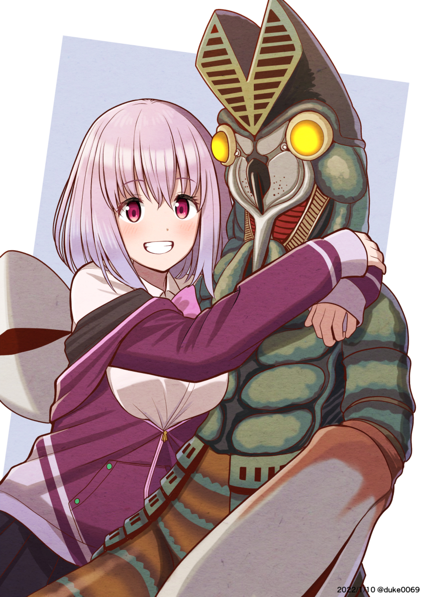 1girl, baltan_seijin, black_skirt, crossover, dated, gridman_universe, highres, hug