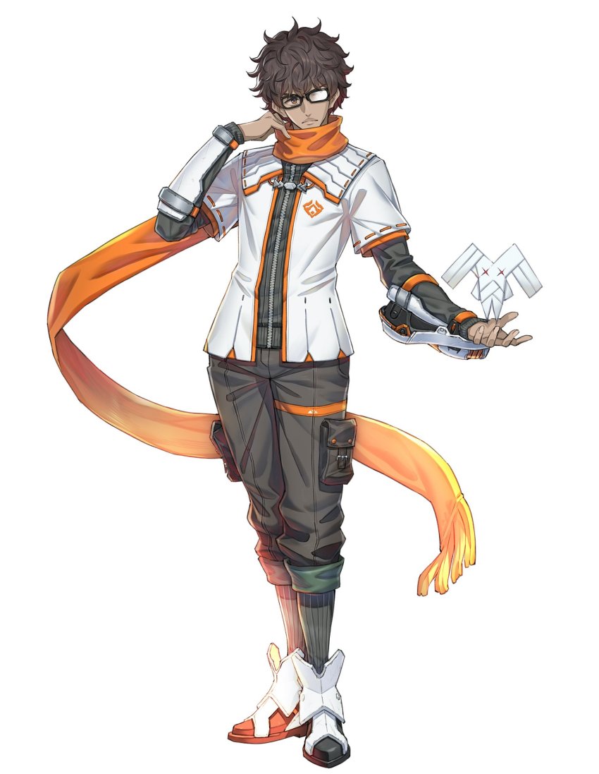 1boy, armor, black_pants, black_shirt, brown_eyes, brown_hair, dark-skinned_male, dark_skin