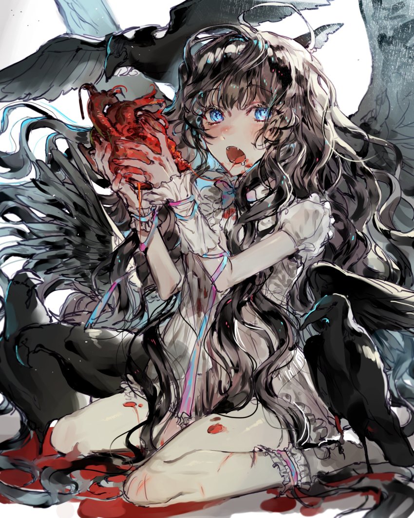1girl, absurdres, ahoge, animal, aqua_bow, aqua_ribbon, bird, bird_wings, black_bird, black_hair, black_wings, blood, blood_on_leg, blood_trail, blue_eyes, bow, character_request, commentary_request, copyright_request, crow, dress, drooling, eyes_visible_through_hair, fang, feathered_wings, frilled_dress, frilled_socks, frills, full_body, hands_up, heart, heart_(organ), highres, holding, holding_heart, holding_heart_(organ), kkuekkue_(chifer1958), korean_commentary, long_hair, looking_at_viewer, multicolored_bow, multicolored_ribbon, open_mouth, pink_bow, pink_ribbon, puffy_short_sleeves, puffy_sleeves, ribbon, short_dress, short_sleeves, sitting, sketch, socks, solo, very_long_hair, wariza, wavy_hair, white_bow, white_dress, white_ribbon, white_socks, wings, wrist_cuffs
