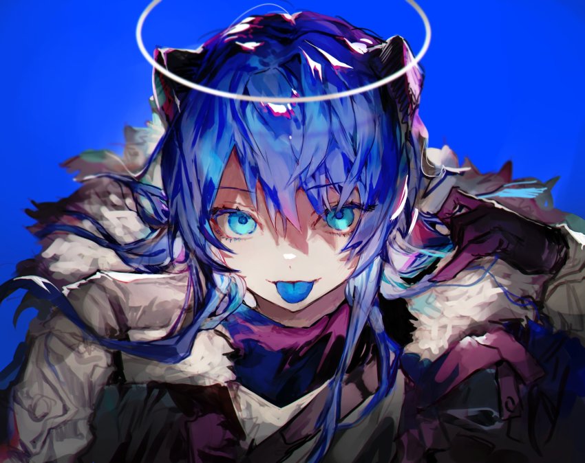 1girl, :p, arknights, arm_up, blue_background, blue_eyes, blue_hair, blue_tongue