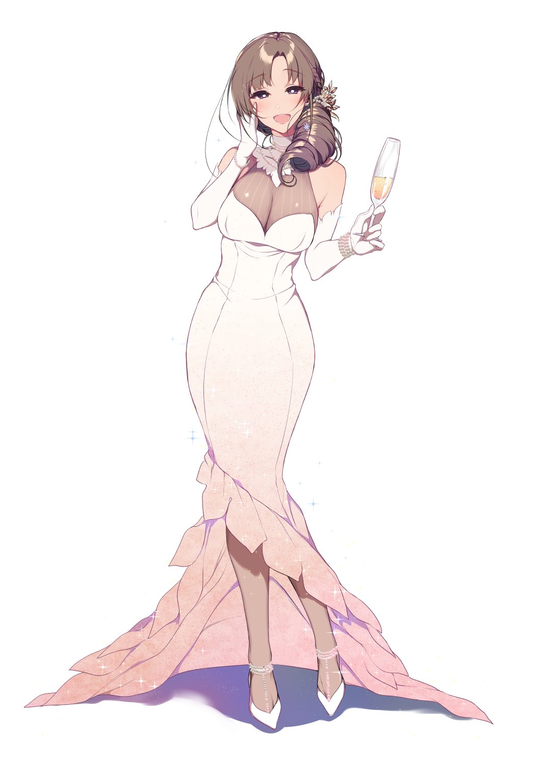 1girl, alcohol, bare_shoulders, blush, breasts, brown_hair, champagne, champagne_flute, cleavage, cup, dress, drill_hair, drinking_glass, elbow_gloves, evening_gown, full_body, gloves, gradient_clothes, gradient_dress, halter_dress, halterneck, hand_on_own_face, high_heels, highres, large_breasts, long_dress, long_hair, mature_female, mermaid_dress, oosuki_mamako, open_mouth, pantyhose, pencil_dress, pochi_(pochi-goya), see-through_cleavage, see-through_clothes, simple_background, smile, solo, sparkle, tsuujou_kougeki_ga_zentai_kougeki_de_ni-kai_kougeki_no_okaasan_wa_suki_desu_ka?, white_background, white_dress, white_gloves