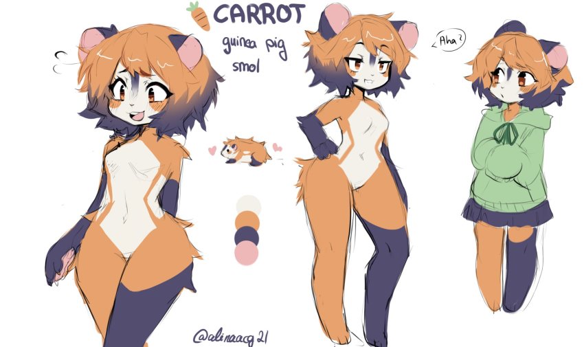 1girl, anakoluth, animal_ears, black_hair, blush, furry, furry_female, gradient_hair, green_hoodie, grin, guinea_pig, guinea_pig_girl, highres, hood, hoodie, looking_away, multicolored_hair, no_nipples, orange_eyes, orange_hair, original, short_hair, smile, smug, solo, teeth, upper_teeth_only