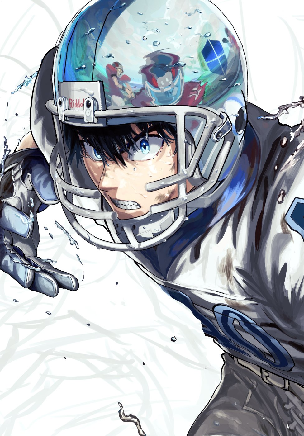 4boys, american_football, american_football_helmet, american_football_uniform, belt, black_hair, blue_eyes, blue_gloves