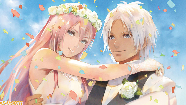 1boy, 1girl, alphen_(tales), bare_shoulders, blue_eyes, breasts, bridal_veil, bride