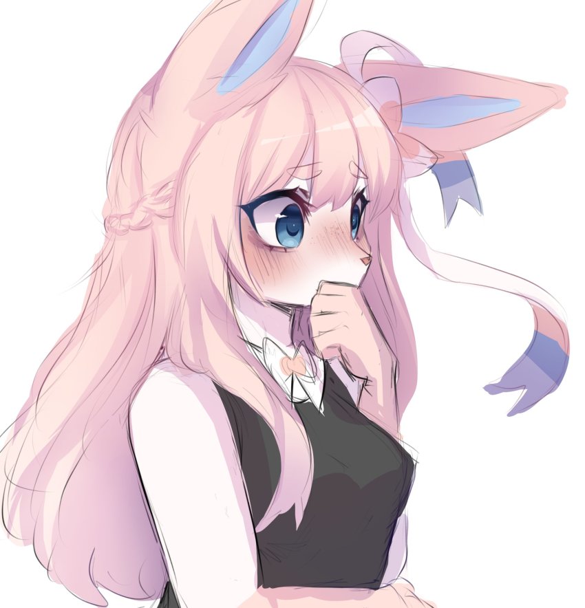 1girl, anakoluth, blue_eyes, breasts, commission, freckles, furrification, furry, furry_female, gen_6_pokemon, highres, long_hair, looking_away, nintendo, pink_hair, pokemon, pokemon_(creature), small_breasts, solo, sylveon
