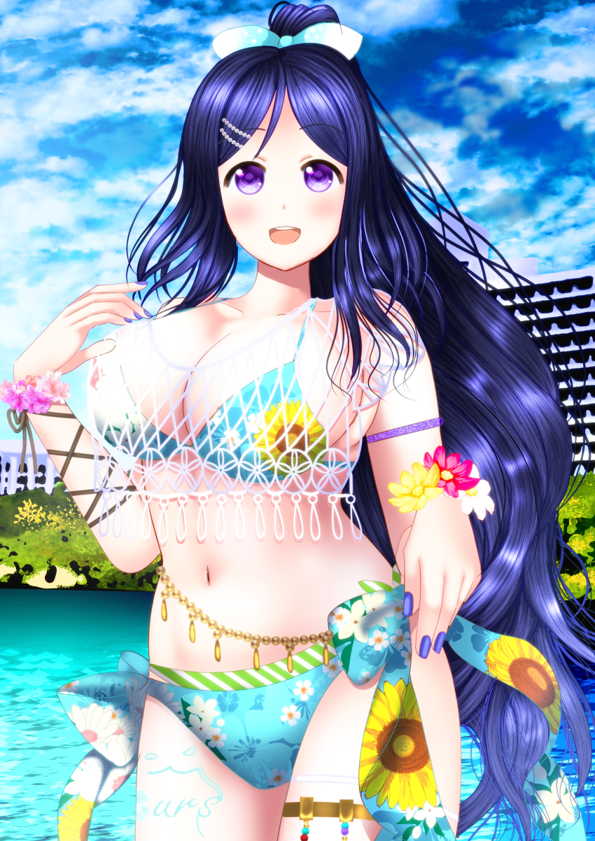 1girl, aqua_bikini, aqua_bow, arm_ribbon, artist_name, artist_request, bare_legs, bare_shoulders