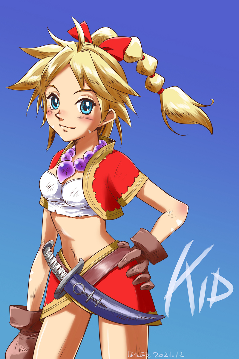 1girl, aqua_eyes, blood, blue_background, bow, braid, braided_ponytail, breasts