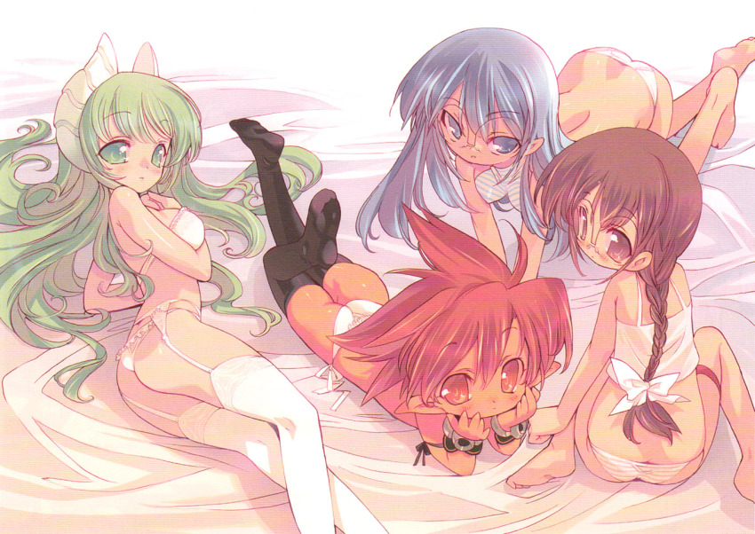 4girls, ass, barefoot, blade_(galaxist), blue_eyes, blue_hair, braid, brown_eyes