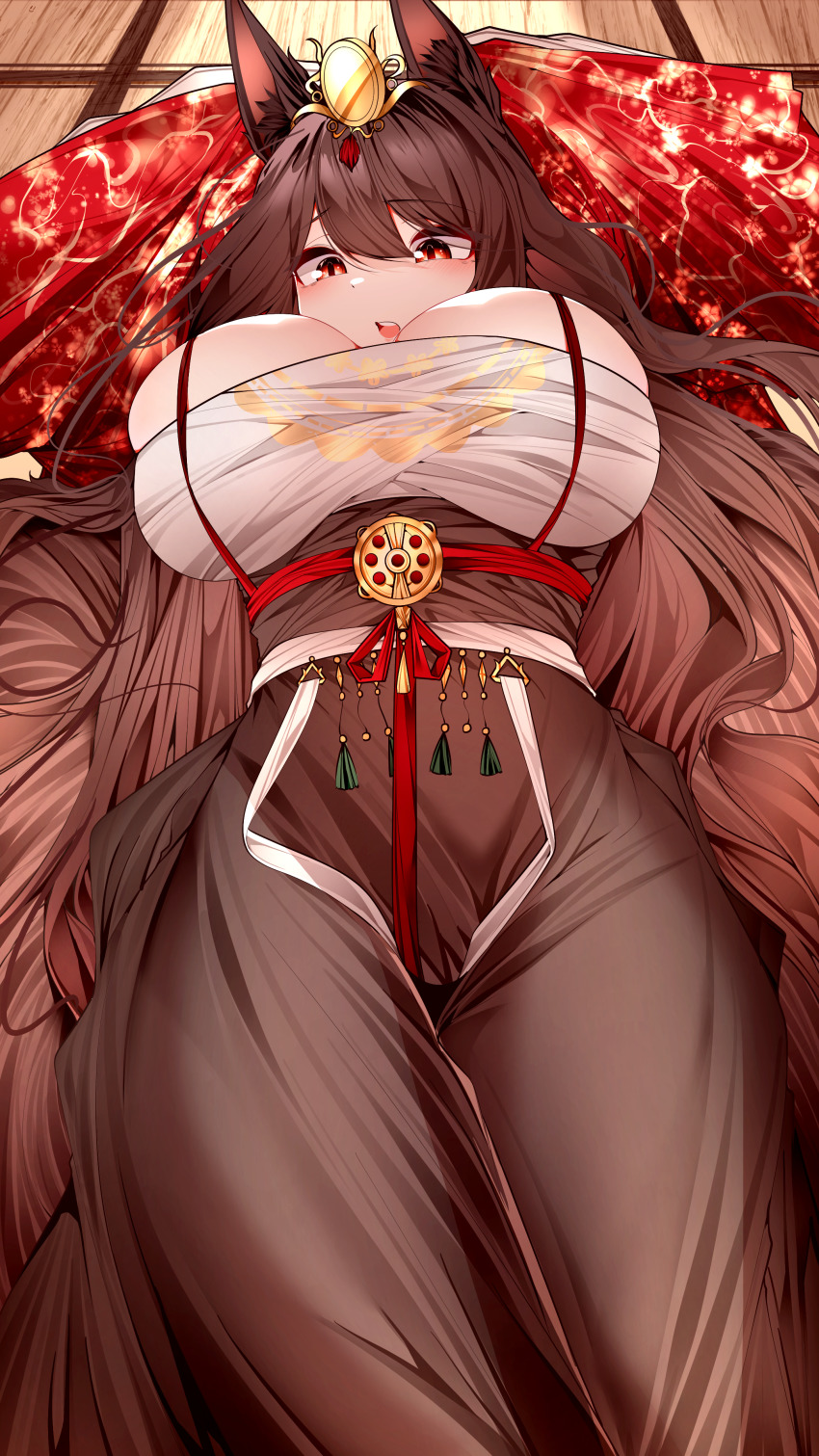 absurdly_long_hair, absurdres, akagi_(azur_lane), akagi_(dawn_phoenix's_summons)_(azur_lane), animal_ears, azur_lane, blush, breasts