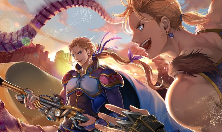 2boys, armor, battle, blonde_hair, blue_eyes, brothers, earrings, edgar_roni_figaro, final_fantasy, final_fantasy_vi, gloves, hair_ornament, halu-ca, high_collar, highres, jewelry, low_ponytail, multiple_boys, muscular, open_mouth, partially_fingerless_gloves, ponytail, ribbon, sabin_rene_figaro, sand_dunes, shoulder_armor, siblings, sideburns, square_enix, ultros, weapon