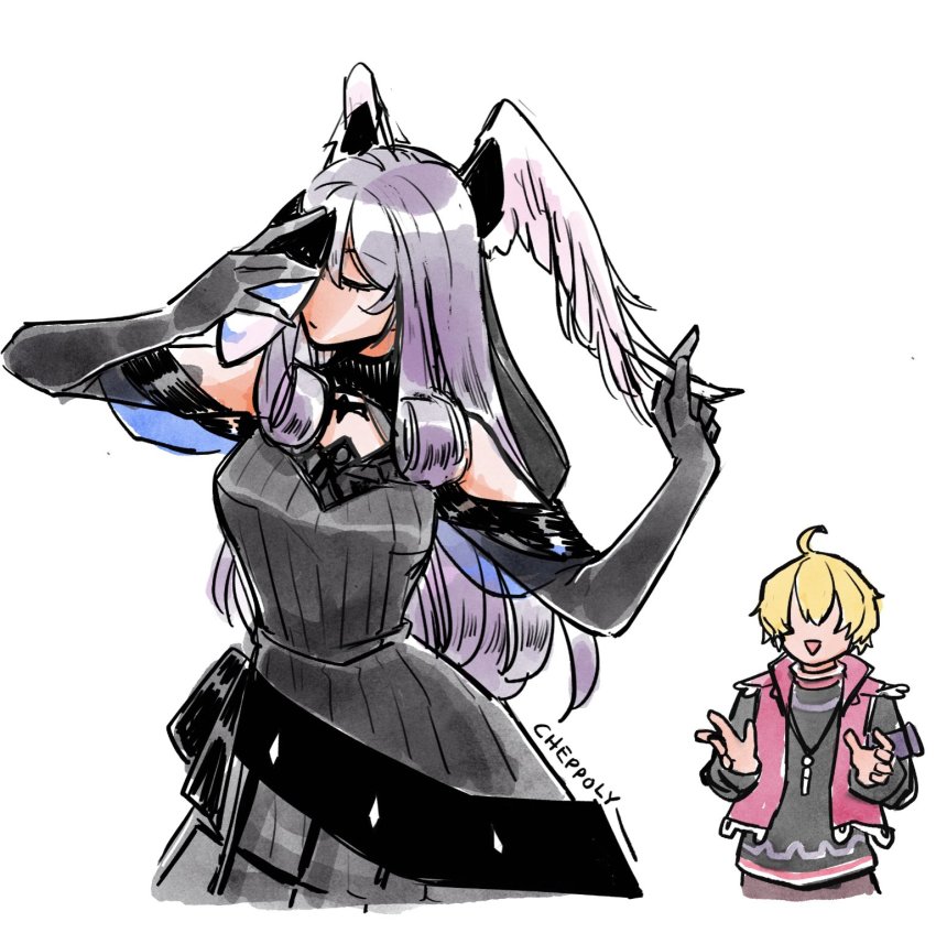 1boy, 1girl, blonde_hair, breasts, cheppo, closed_eyes, curly_hair, dress