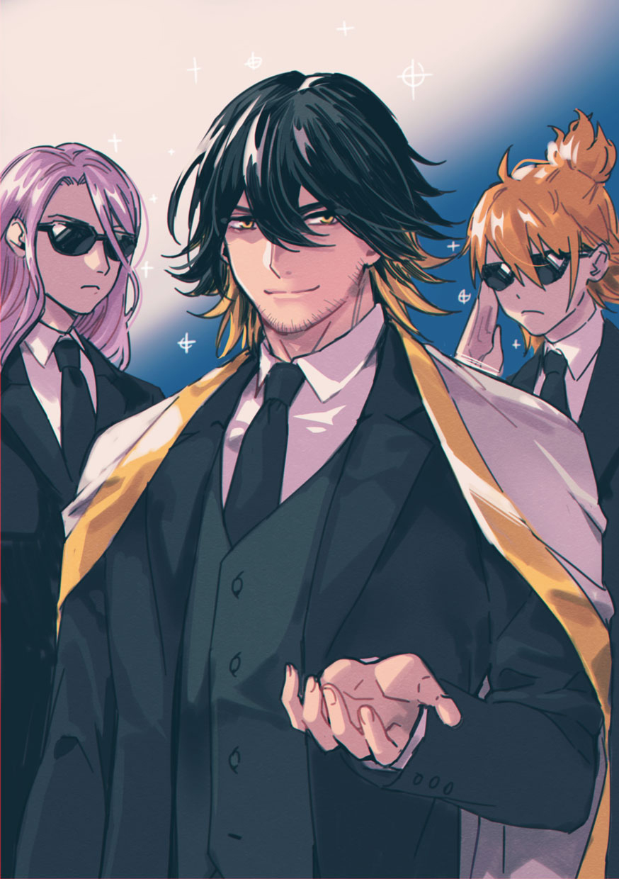 3boys, black_hair, blonde_hair, facial_hair, formal_clothes, hachisuka_kotetsu, haori, highres