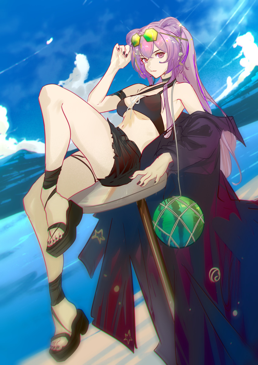 1girl, absurdres, adjusting_eyewear, ankle_strap, arknights, bare_shoulders, bikini, black_bikini