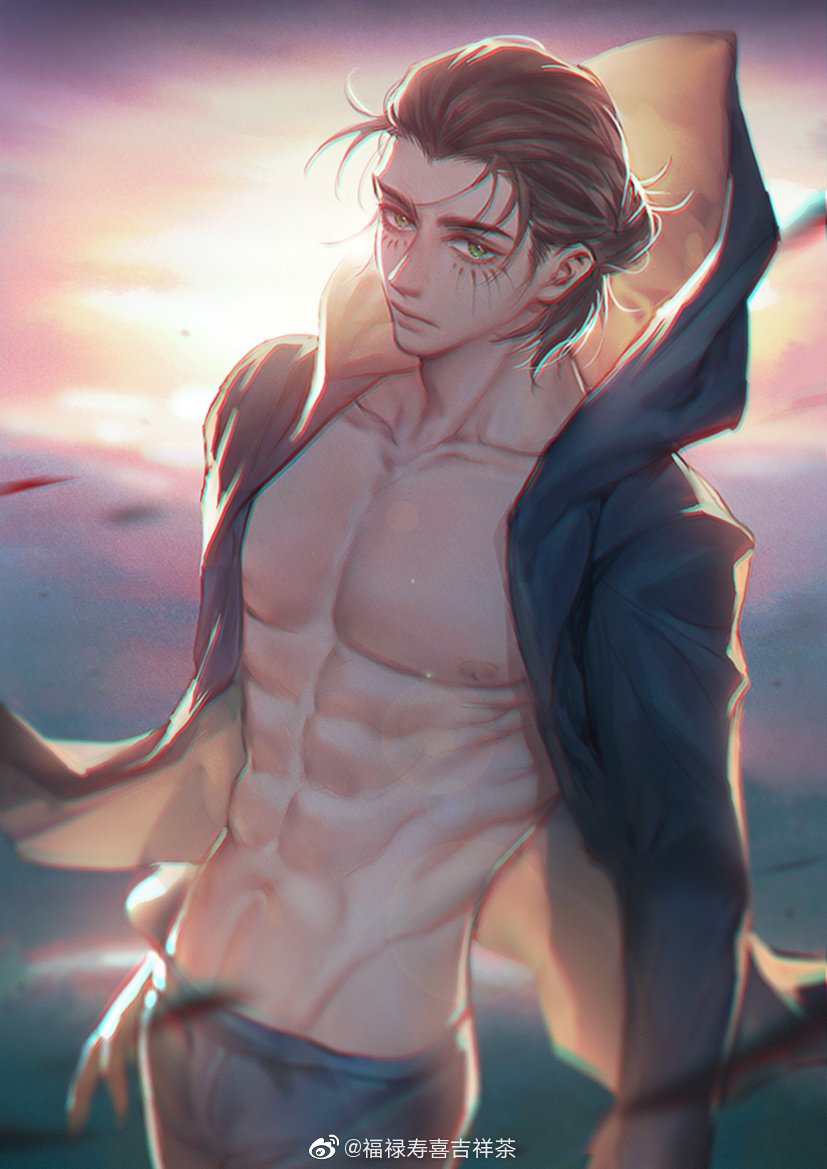 1boy, abs, alternate_hairstyle, bare_pectorals, brown_hair, cowboy_shot, eren_yeager, fulushouxijixiangcha