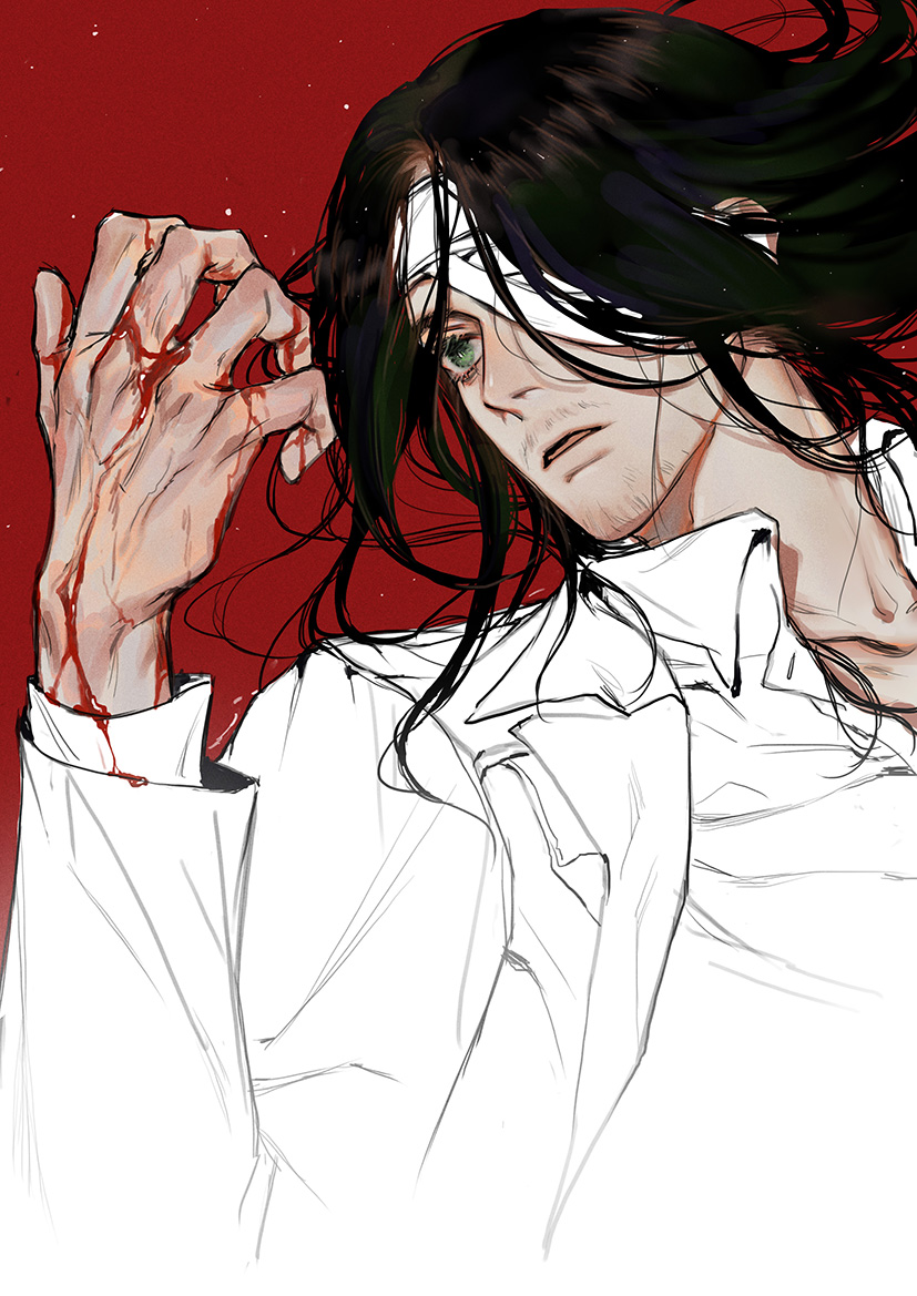 1boy, aged_up, bandage_over_one_eye, blood, blood_on_hands, collared_jacket, eren_yeager, facial_hair