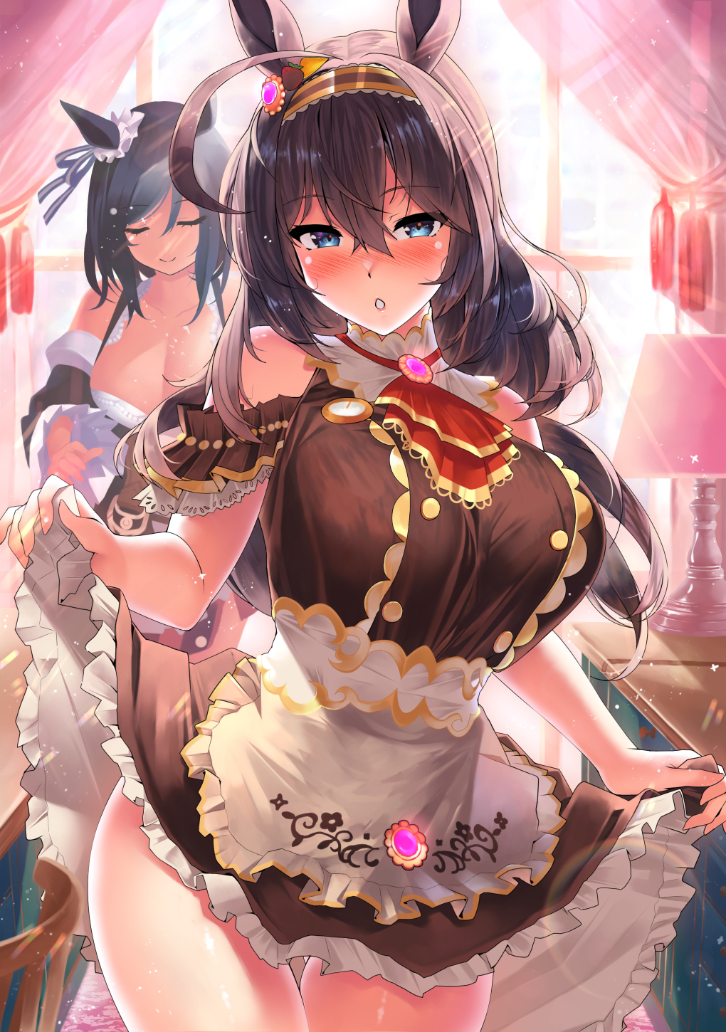 2girls, ahoge, animal_ears, apron, ascot, black_hair, blue_eyes, blush, breasts, brown_dress, brown_hair, closed_eyes, closed_mouth, clothes_lift, cowboy_shot, dress, dress_lift, eishin_flash_(umamusume), frilled_dress, frills, hair_between_eyes, highres, holding_own_dress, horse_ears, horse_girl, kawai_(purplrpouni), large_breasts, lifting_own_clothes, long_hair, mihono_bourbon_(code:_icing)_(umamusume), mihono_bourbon_(umamusume), multiple_girls, official_alternate_costume, open_mouth, red_ascot, short_hair, smile, umamusume, waist_apron, white_apron