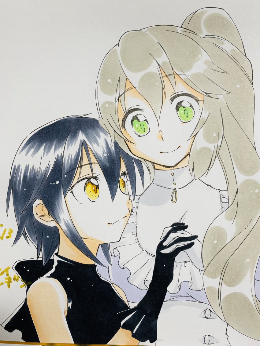 2girls, black_hair, closed_mouth, gloves, green_eyes, hair_between_eyes, hand_on_another's_chest, height_difference