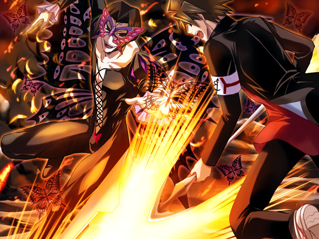 00s, 2boys, bad_id, bad_pixiv_id, battle, busou_renkin, butterfly_mask, mask