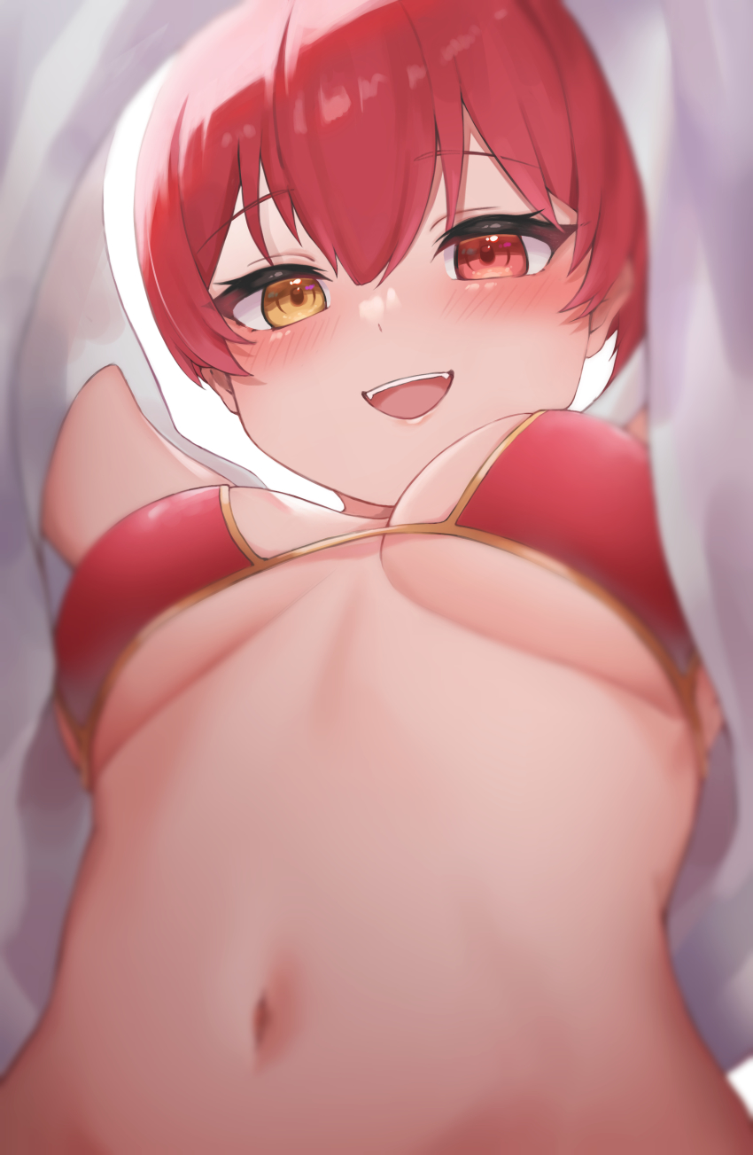 1girl, :d, absurdres, ayama_nano, bikini, blush, breasts, clothes_lift