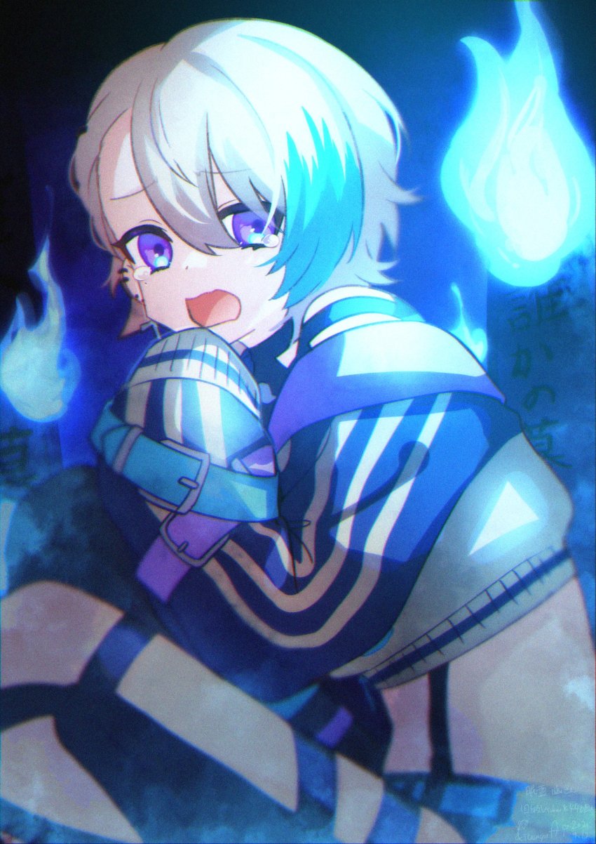 1other, androgynous, blonde_hair, blue_eyes, blue_hair, crying, ear_piercing, film_grain