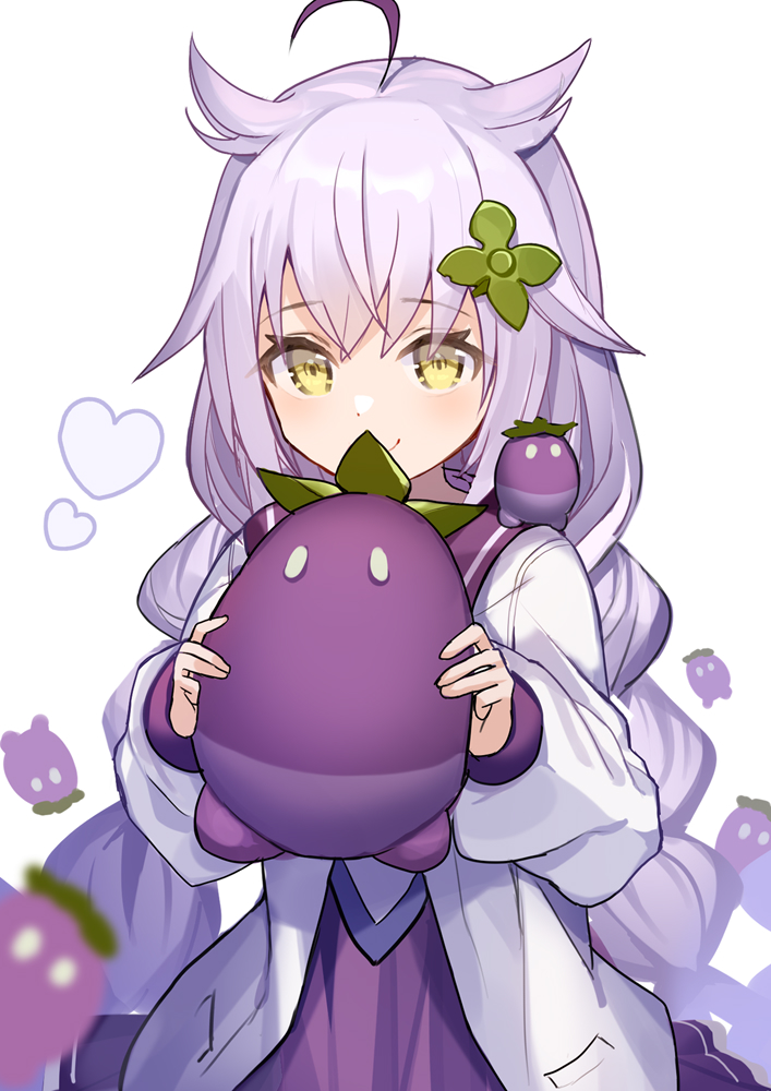 1girl, blush, braid, eggplant, green_eyes, hair_ornament, long_sleeves, minae_kako