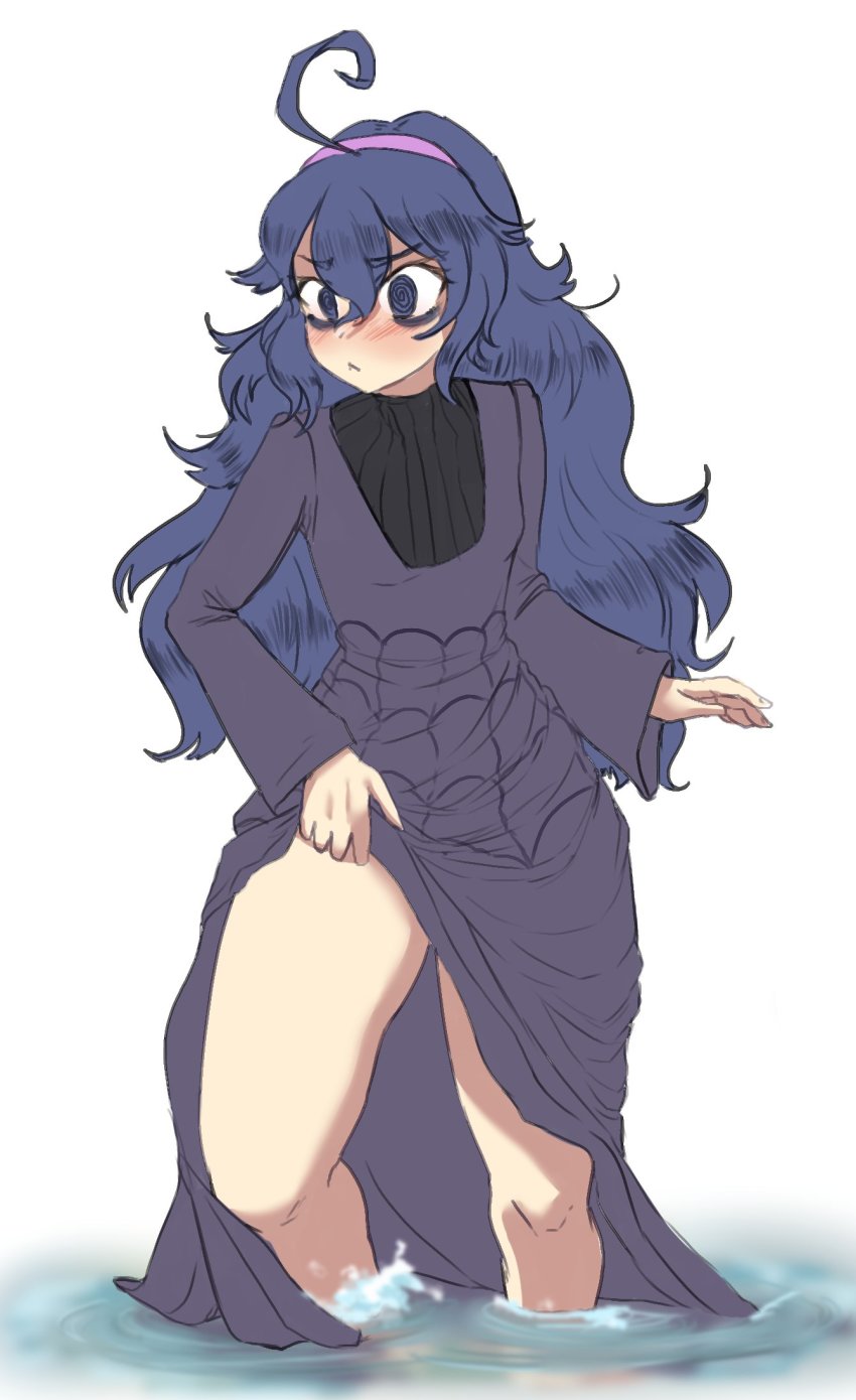 1girl, :<, ahoge, bags_under_eyes, blue_hair, blush, clothes_lift, dress