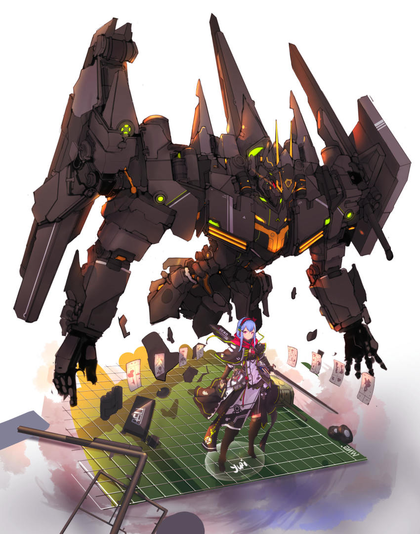 1girl, absurdres, black_capelet, black_footwear, blue_hair, book, boots, capelet