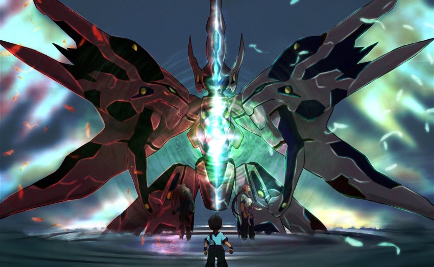 1boy, aged_down, armor, clenched_hand, colored_skin, cross, dual_persona, evil_grin, evil_smile, feathers, fei_fong_wong, fire, floating_hair, grin, highres, id_(xenogears), long_hair, mecha, meeeyoumou, pale_skin, ponytail, red_hair, ripples, robot, smile, very_long_hair, water, weltall-id, white_skin, xenogears, xenogears_(mecha), yellow_eyes