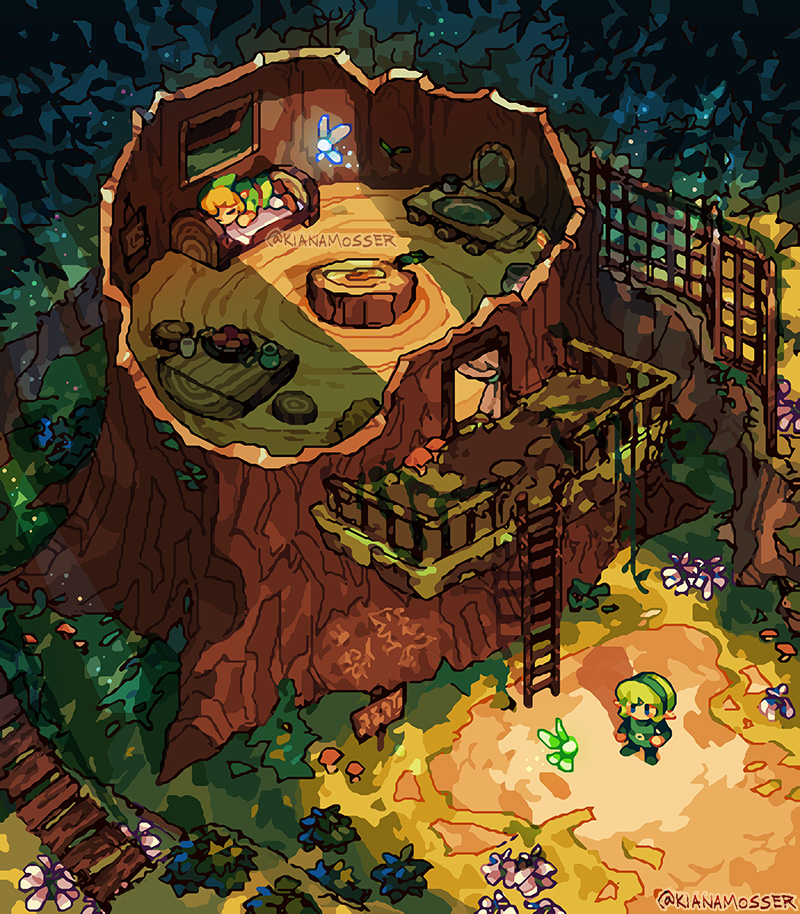 1boy, 1girl, alt_text, belt, blonde_hair, bush, fairy, food, green_eyes, green_hair, hat, kianamosser, ladder, leaf, link, mushroom, nature, navi, nintendo, outdoors, plant, pot, saria_(zelda), shadow, sign, sleeping, table, the_legend_of_zelda, the_legend_of_zelda:_ocarina_of_time, tree, twitter_username