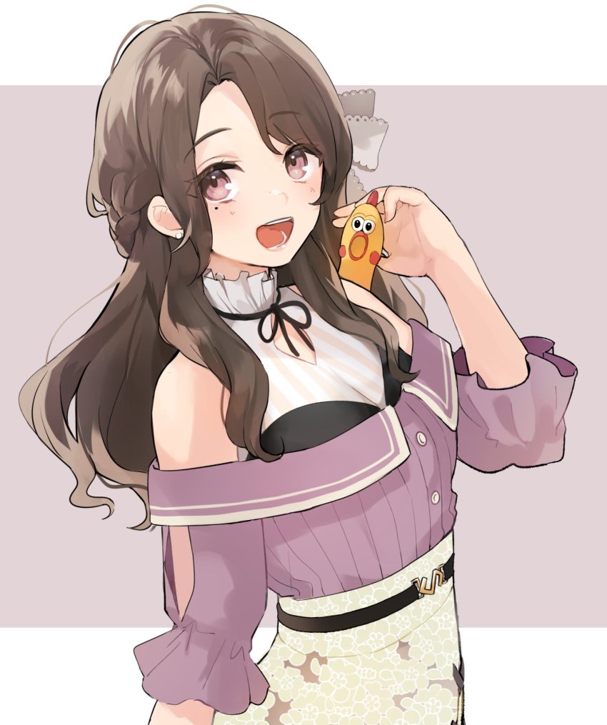 1girl, blush, breasts, brown_hair, dress, highres, kusumine_neco_(artist), long_hair, looking_at_viewer, mokuroku, mole, mole_under_eye, pale_skin, purple_eyes, rubber_chicken, smile, solo, urushizaka_esu, very_long_hair, virtual_youtuber