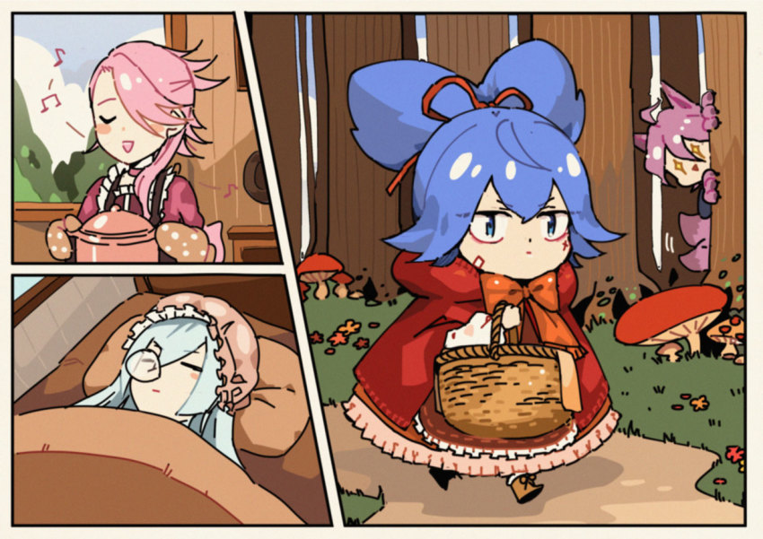 animal_costume, animal_ears, basket, big_bad_wolf, big_bad_wolf_(cosplay), bow, capelet, cloak