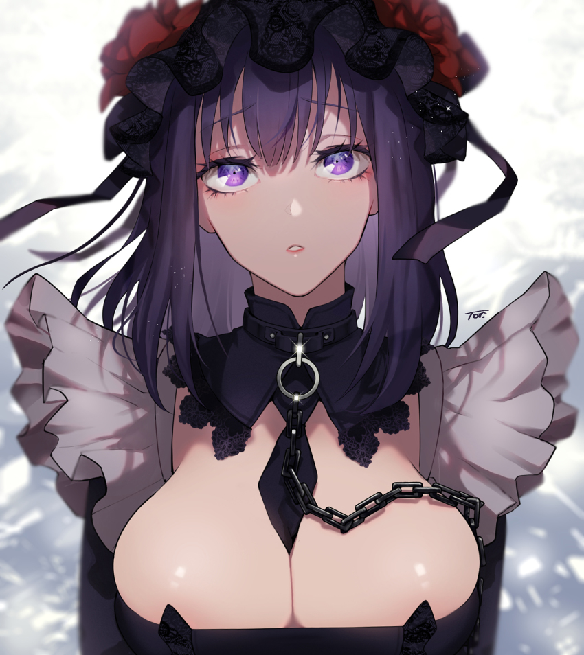 1girl, animal_collar, black_collar, black_dress, black_necktie, black_ribbon, breast_padding, breasts, chain, chain_leash, cleavage, collar, cosplay, dress, facing_viewer, flower, frilled_sleeves, frills, gothic_lolita, hair_ribbon, headdress, highres, kitagawa_marin, kuroe_shizuku, kuroe_shizuku_(cosplay), large_breasts, leash, lolita_fashion, long_sleeves, maid, medium_hair, necktie, parted_lips, purple_eyes, purple_hair, red_flower, ribbon, rose, shiny_skin, signature, solo, sono_bisque_doll_wa_koi_wo_suru, tori_(tokinohiyoko), upper_body, wig