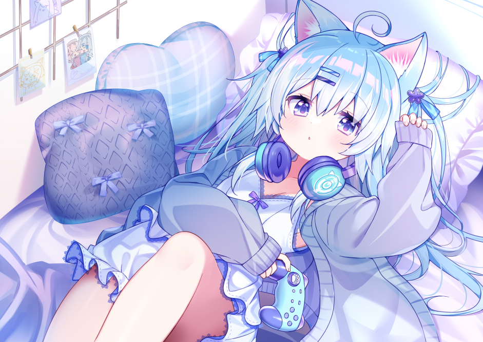 1girl, animal_ears, blue_eyes, blue_hair, cafe_omusubiya, cardigan, cat_ears, chemise, controller, d_omm, expressionless, game_controller, headphones, headphones_around_neck, long_hair, long_sleeves, looking_at_viewer, lying, on_back, on_bed, open_cardigan, open_clothes, pillow, sleeves_past_wrists, virtual_youtuber, yukino_koromo