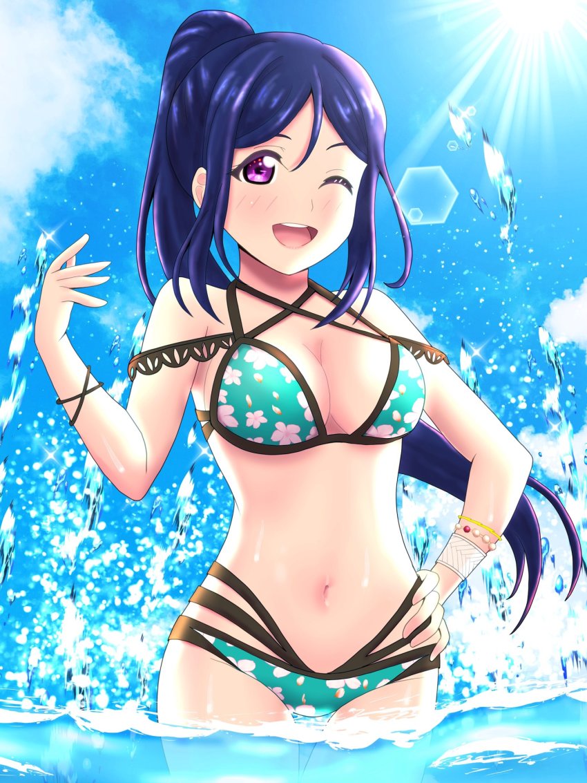 1girl, ;), aqua_bikini, artist_name, artist_request, bare_shoulders, bikini, blue_hair