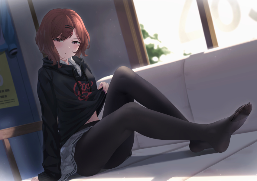 1girl, black_pantyhose, black_sweater, blush, brown_hair, clothes_lift, collared_shirt, commentary