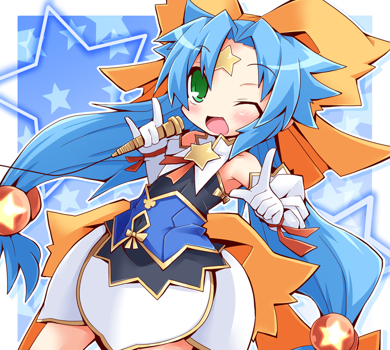 blue_eyes, blush, detached_sleeves, gloves, green_eyes, hair_ribbon, long_hair, one_eye_closed