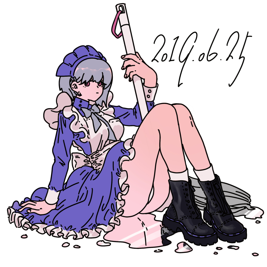 1girl, apron, arm_up, boots, bow, bowtie, dated, dress, frilled_apron, frilled_dress, frills, grey_hair, high_collar, highres, holding, knees_up, maid, maid_apron, maid_headdress, mop, original, panties, pink_eyes, reflection, reflective_liquid, ryo00123, sitting, solo, underwear, wet_floor