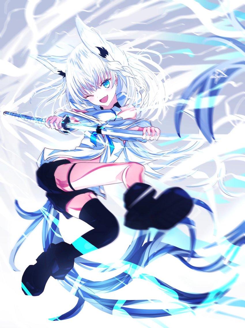 1girl, animal_ears, black_footwear, black_shorts, black_thighhighs, blue_neckerchief, braid, commentary_request