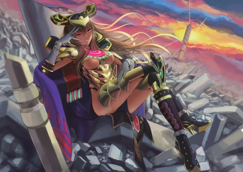 1girl, armor, boots, breasts, brown_hair, cape, chinese_commentary, clothing_cutout