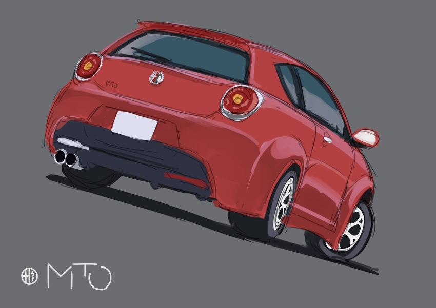 alfa_romeo, alfa_romeo_mito, car, commentary_request, dutch_angle, grey_background, highres, motor_vehicle