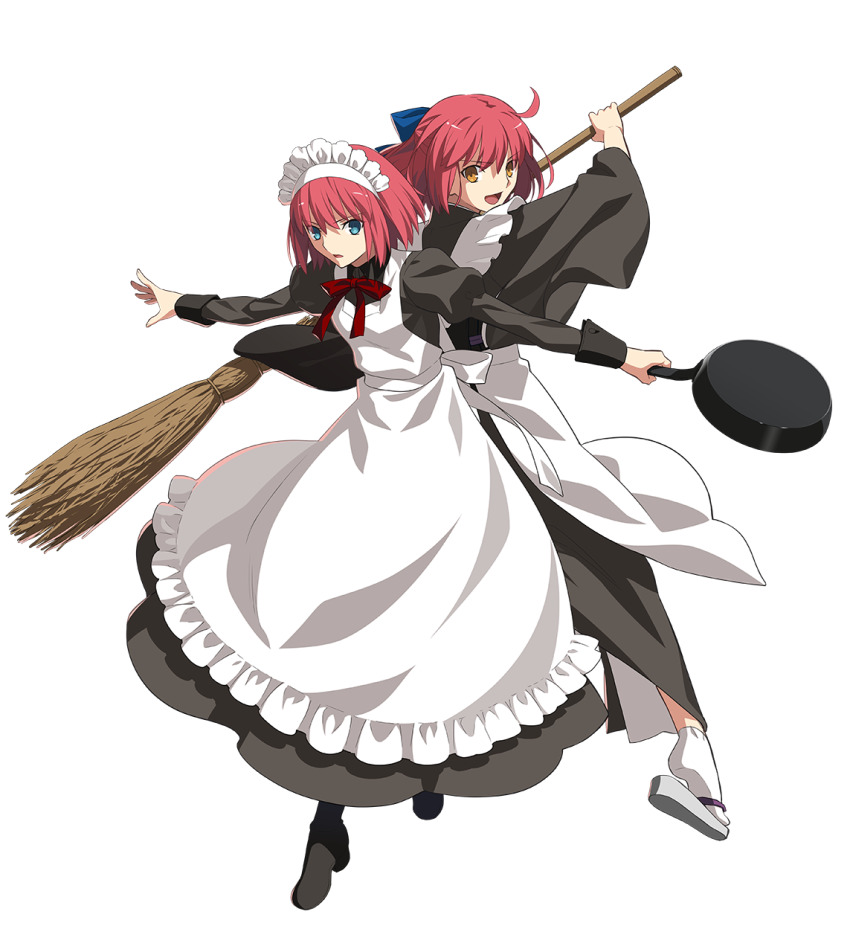 2girls, ;), apron, artist_name, bamboo_broom, blue_bow, blue_eyes, bow, breast_press, breasts, broom, brown_dress, cheek-to-cheek, closed_mouth, commentary_request, controller, copyright_name, cowboy_shot, dress, duster, frying_pan, full_moon, game_controller, hair_bow, half_updo, heads_together, highres, hisui_(tsukihime), holding, holding_broom, holding_duster, holding_frying_pan, ichinose_kana, indoors, japanese_clothes, juliet_sleeves, kimono, kohaku_(tsukihime), kuwahara_yuuki, long_sleeves, looking_at_viewer, maid, maid_apron, maid_headdress, medium_breasts, melty_blood, melty_blood:_type_lumina, mizuumi_(site), moon, multiple_girls, neck_ribbon, night, official_art, one_eye_closed, orange_eyes, parted_lips, partial_commentary, pink_hair, puffy_sleeves, red_ribbon, ribbon, short_hair, siblings, sidelocks, sisters, skade, smile, standing, swordsealocust, symmetrical_docking, syringe, takeuchi_takashi, translation_request, tsukihime, tsukihime_(remake), twins, voice_actor_connection, wa_maid, white_apron, wide_sleeves, window, wing_collar
