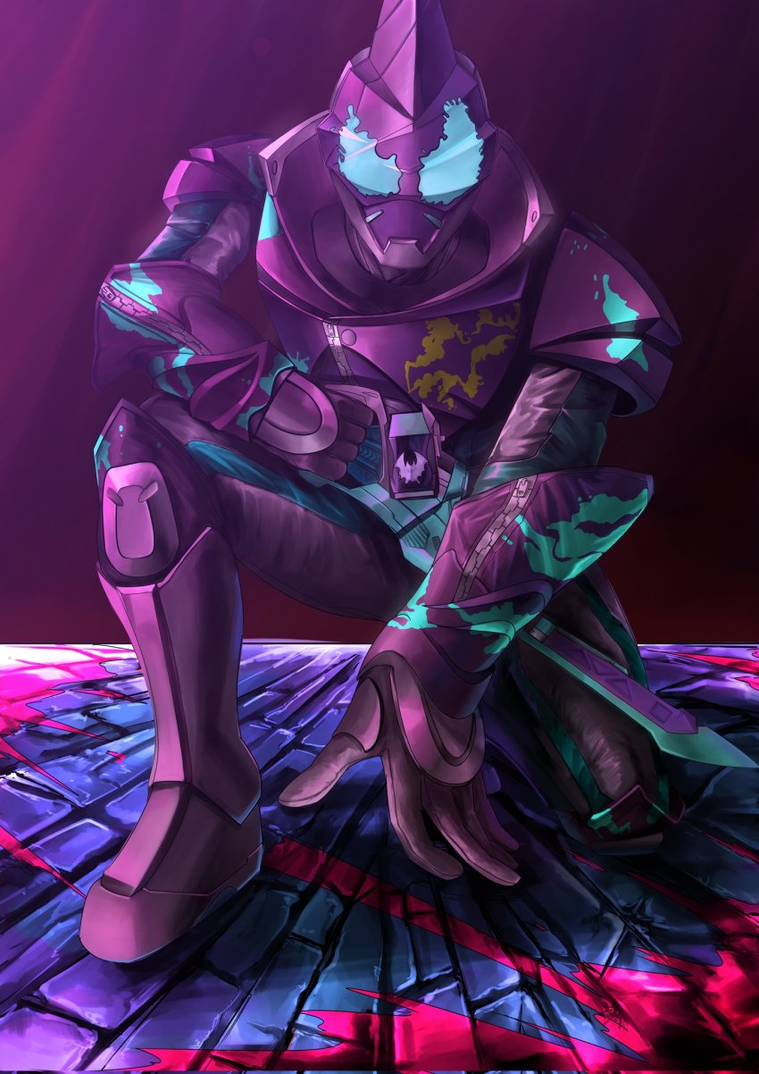 1boy, armor, bat_(animal), bat_genome, black_armor, boots, crack, cracked_floor