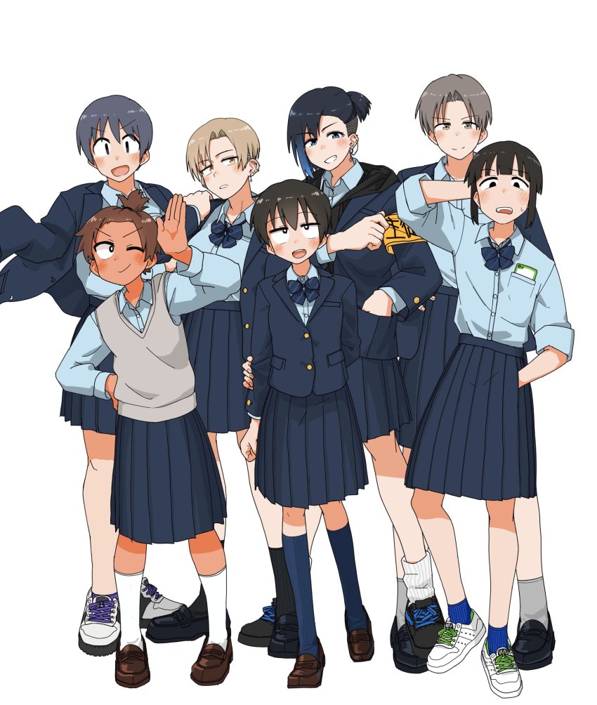 6+girls, :d, arm_behind_back, armband, beige_vest, black_eyes, black_hair, blonde_hair